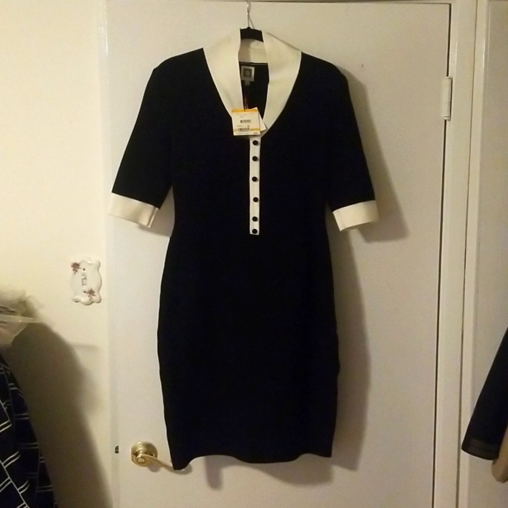 Anne Klein 3/4 Sleeve Black White Dress Preppy NWT
